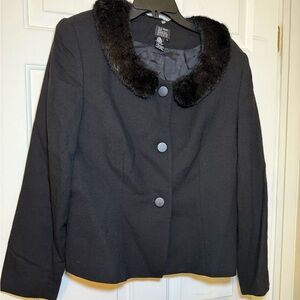 MT Black 100% Pure Wool Blazer Fur Collar NWT Sz 14 Woolmark Classic Vintage
